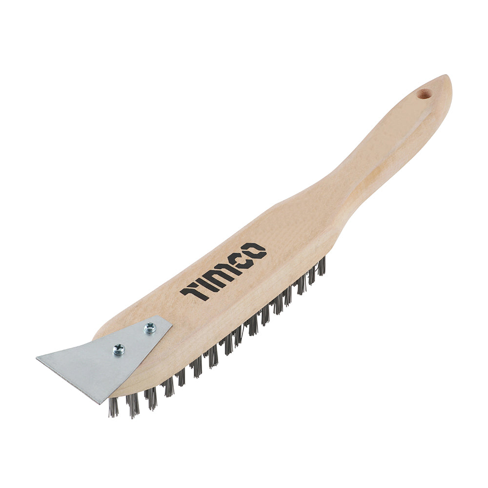 TIMCO 4 Row Scratch Brush with Scraper – Stainless Steel Bristles & Wooden Handle for Paint, Rust & Grout Removal - Pack of 1  (4SSBHD)