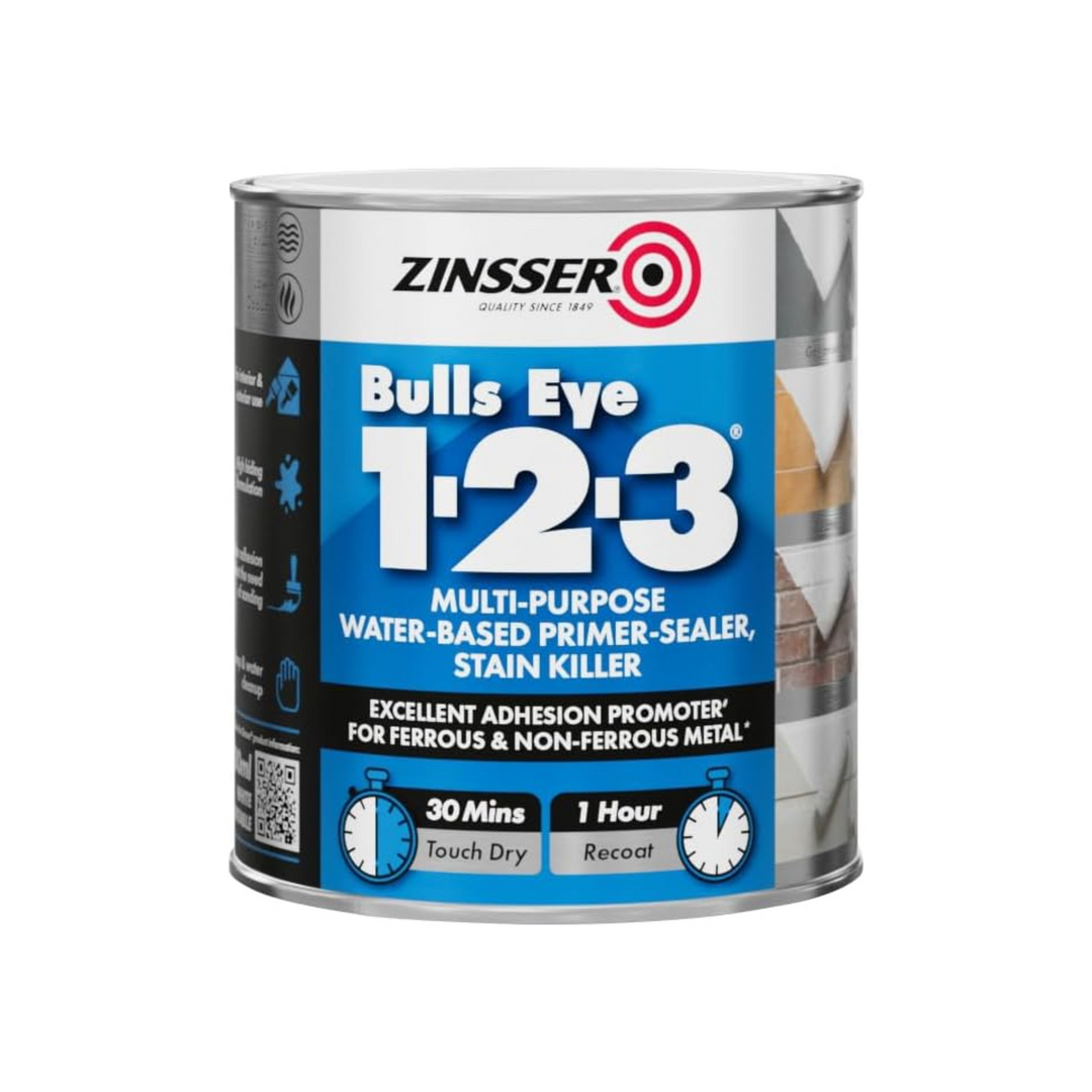 500ml Zinsser Bulls Eye 1-2-3 Primer-Sealer & Stain Killer – Grey, Interior & Exterior, Ready Mixed, Pack of 1