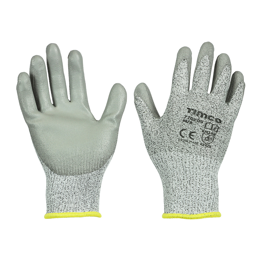 (1 PAIR) Medium Cut Resistant Gloves M/L/XL – PU Coated HPPE & Glass Fibre Safety Work Gloves Level B for Construction, Manufacturing & Landscaping