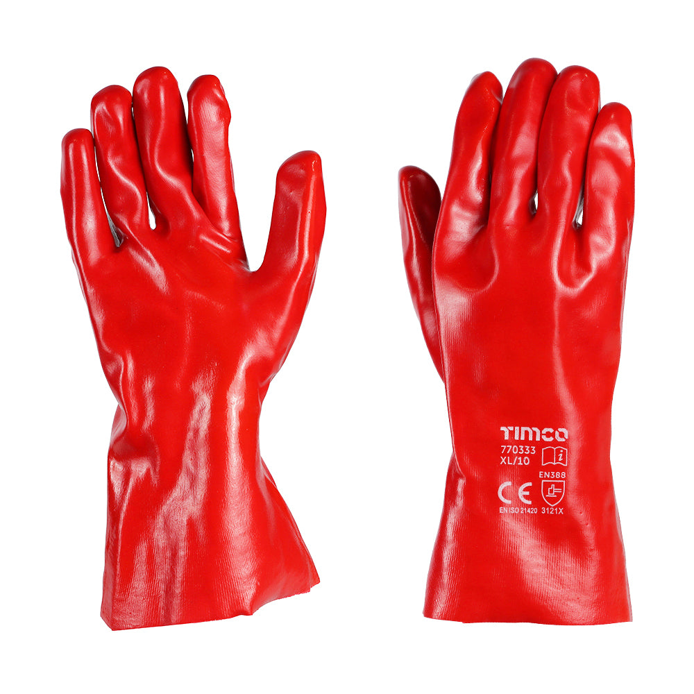 (1 PAIR) 11" Red PVC Gauntlets – X Large Waterproof Work Gloves – Oil & Chemical Resistant – Cotton Interlock Lined