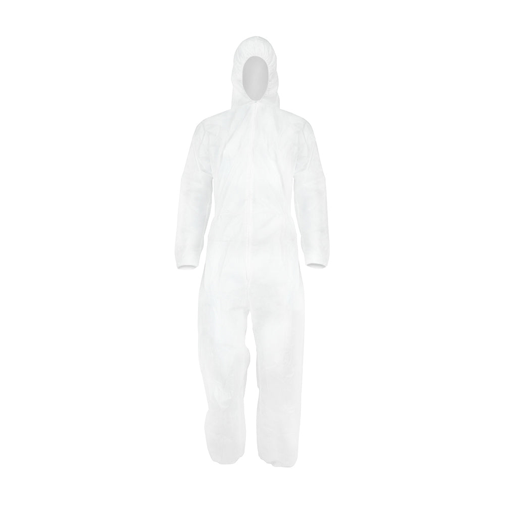 (BAG OF 1) General Purpose Coverall β White Polypropylene Protective Suit with Hood β Elasticated Cuffs & Ankles β Lightweight Low Risk Protection