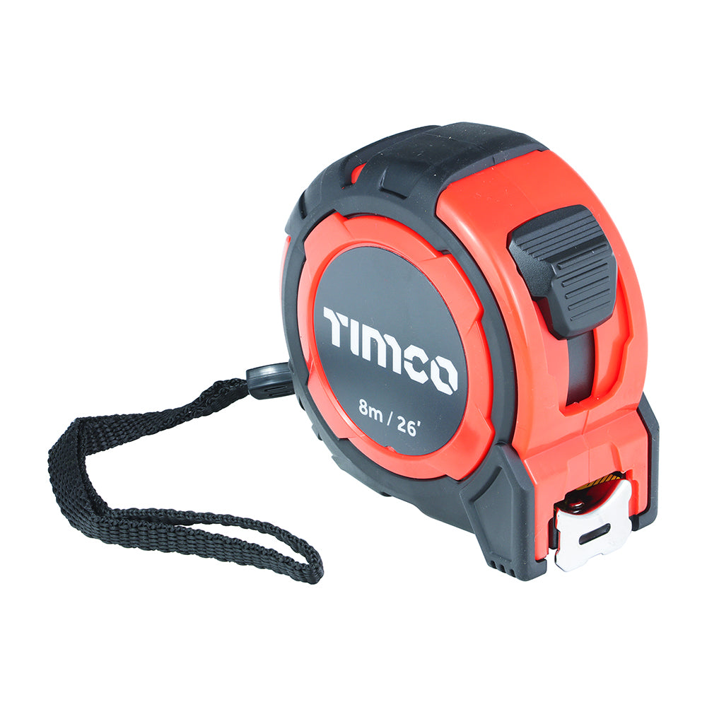 TIMCO 8m/26ft x 25mm Tape Measure – Metric & Imperial Locking Measuring Tool with Nylon Coated Blade