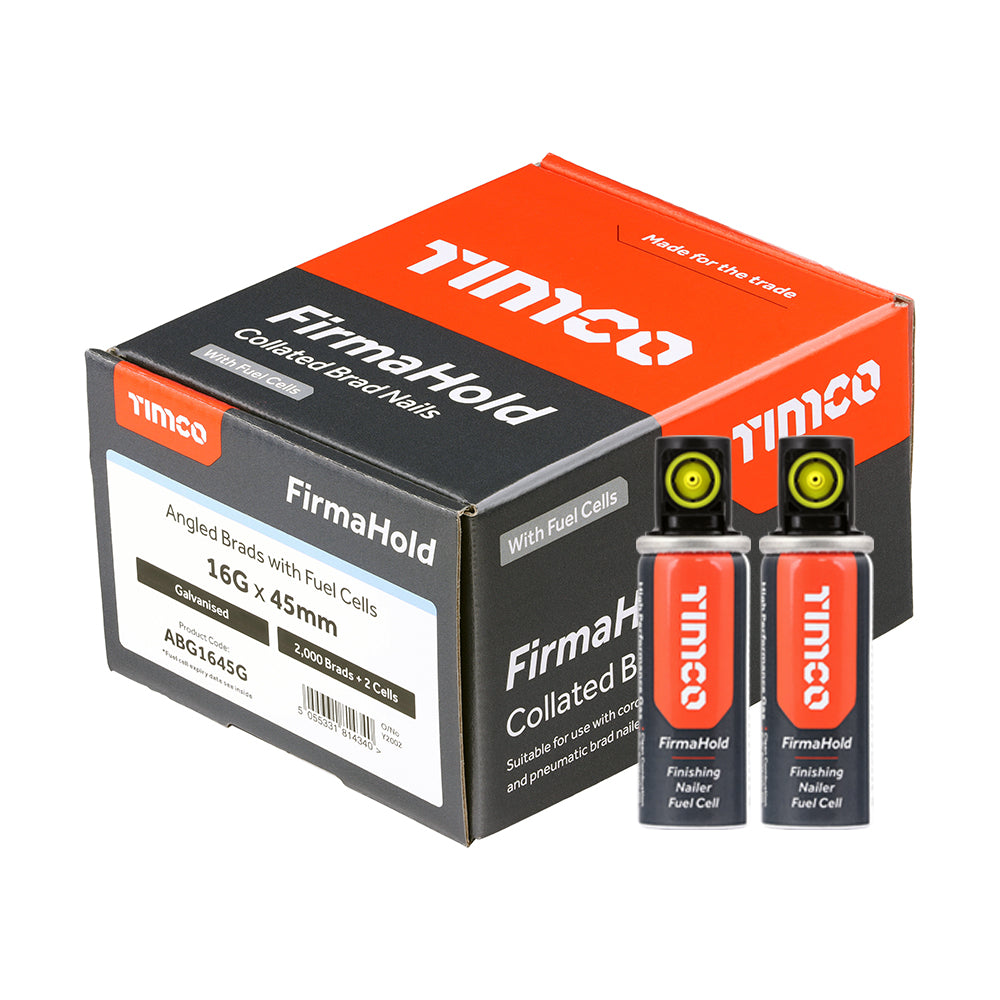 16g x 45mm FirmaHold Collated Brad Nails & Fuel Cells β 16 Gauge Angled Galvanised β Box of 2000