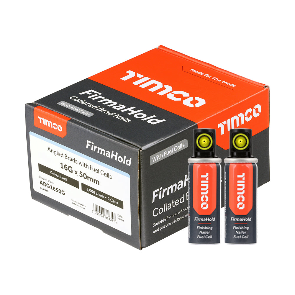 16g x 50mm FirmaHold Collated Brad Nails & Fuel Cells β 16 Gauge Angled Galvanised β Box of 2000