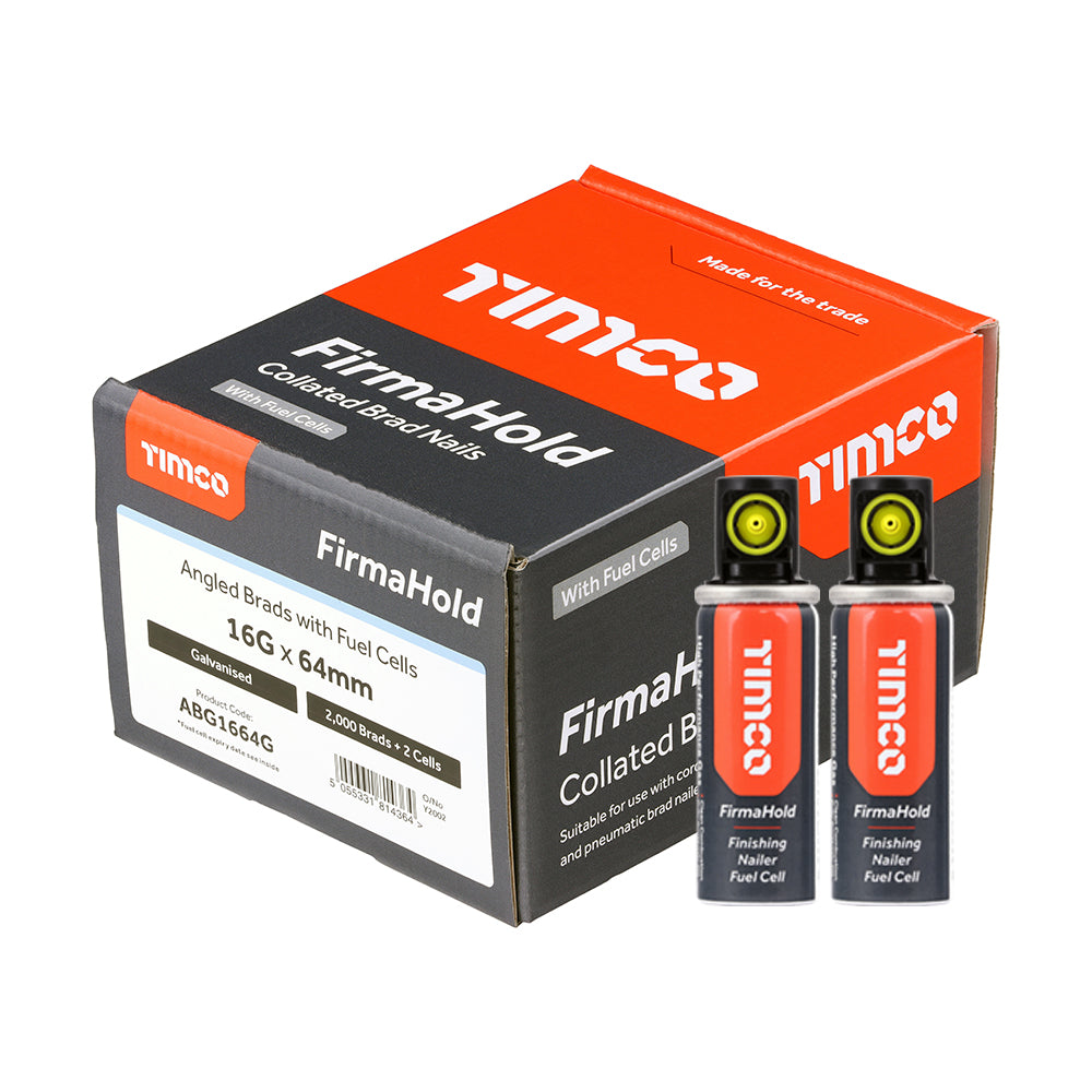 16g x 64mm FirmaHold Collated Brad Nails & Fuel Cells β 16 Gauge Angled Galvanised β Box of 2000
