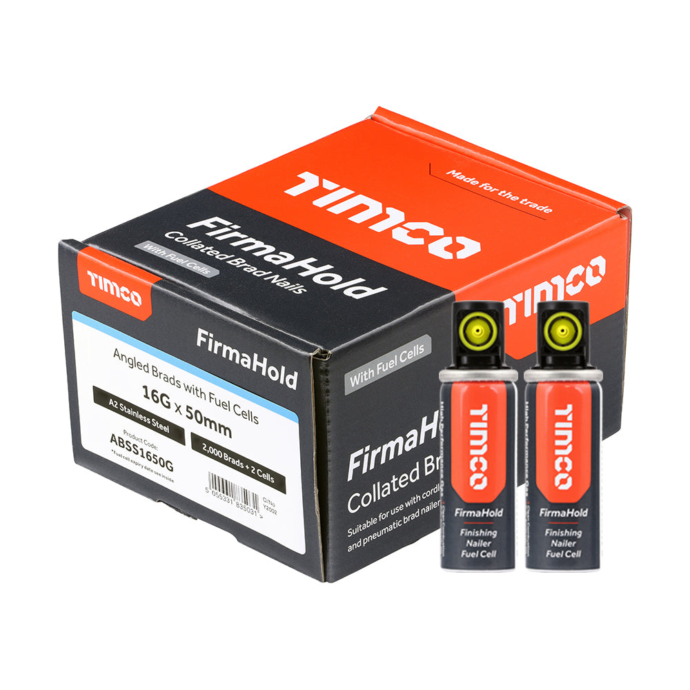 16g x 50mm Collated Brad Nails & Fuel Cells β 16 Gauge β Angled β A2 Stainless Steel β Box of 2000