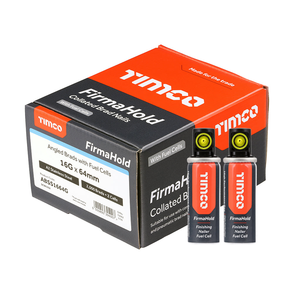 16g x 64mm FirmaHold Angled Brad Nails & Fuel Cells – A2 Stainless Steel 16 Gauge T Head + 2 Fuel Cells (BOX OF 2000)
