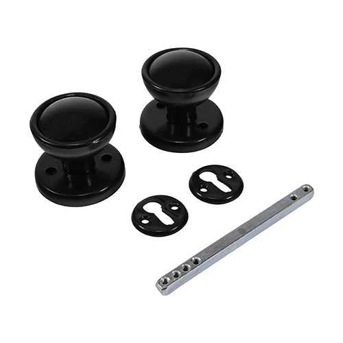(1 PAIR) 50mm Plastic Rim / Mortice Knob Set - Black | Shed & Gate Door Knob Pair with Escutcheon Plates & Fixings