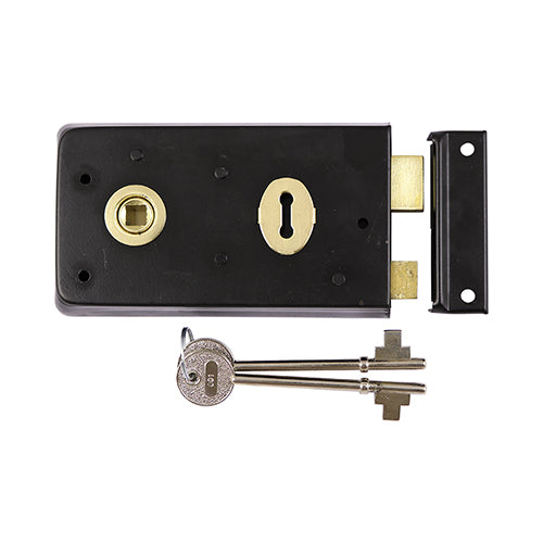 143 x 83mm Rim Sash Lock with Inward & Outward Keep - Black | Reversible Shed & Door Lock with Keys & Fixings | 1 Each