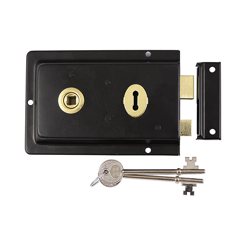 156 x 106mm Rim Sash Lock Fluted - Black | Traditional Gate & Door Lock with Keys & Fixings – Epoxy Finish | 1 Each