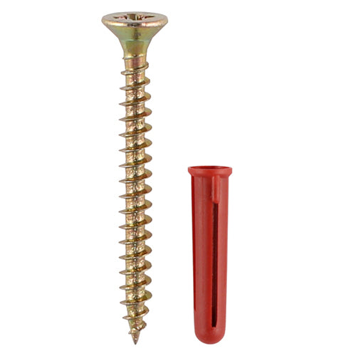 30mm Red Plastic Plugs with 4.0x40mm Screws β Wall Fixing Set for Masonry, Brick & Concrete β Zinc Yellow Screws