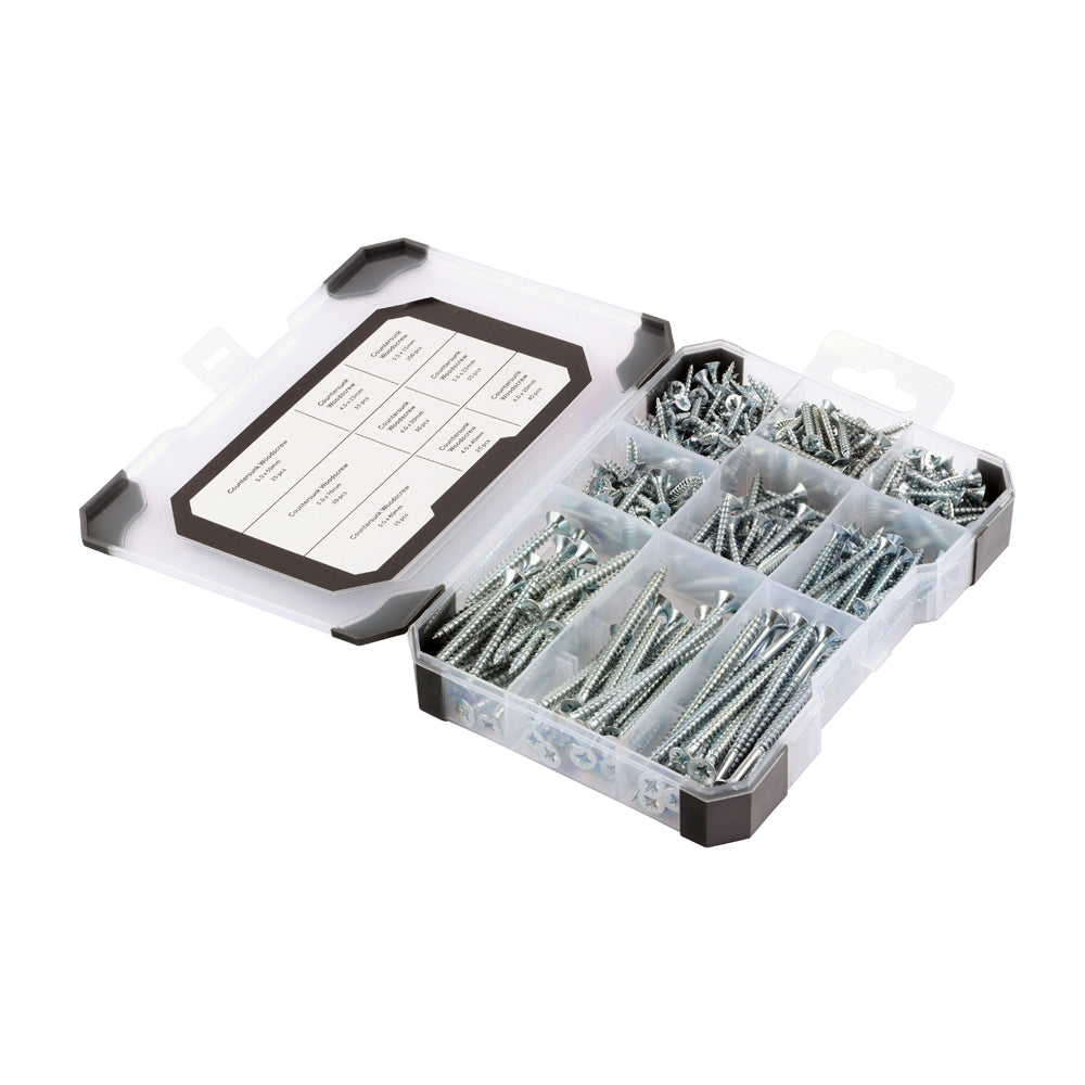 (340 pcs) 202 x 132 x 31mm Mixed Tray – Zinc Plated Woodscrews Assortment for Timber & Man-Made Boards