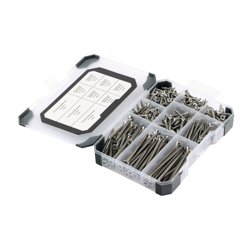 (340 pcs) 202 x 132 x 31mm Mixed Tray – A2 Stainless Steel Woodscrews Assortment for Timber & Man-Made Boards