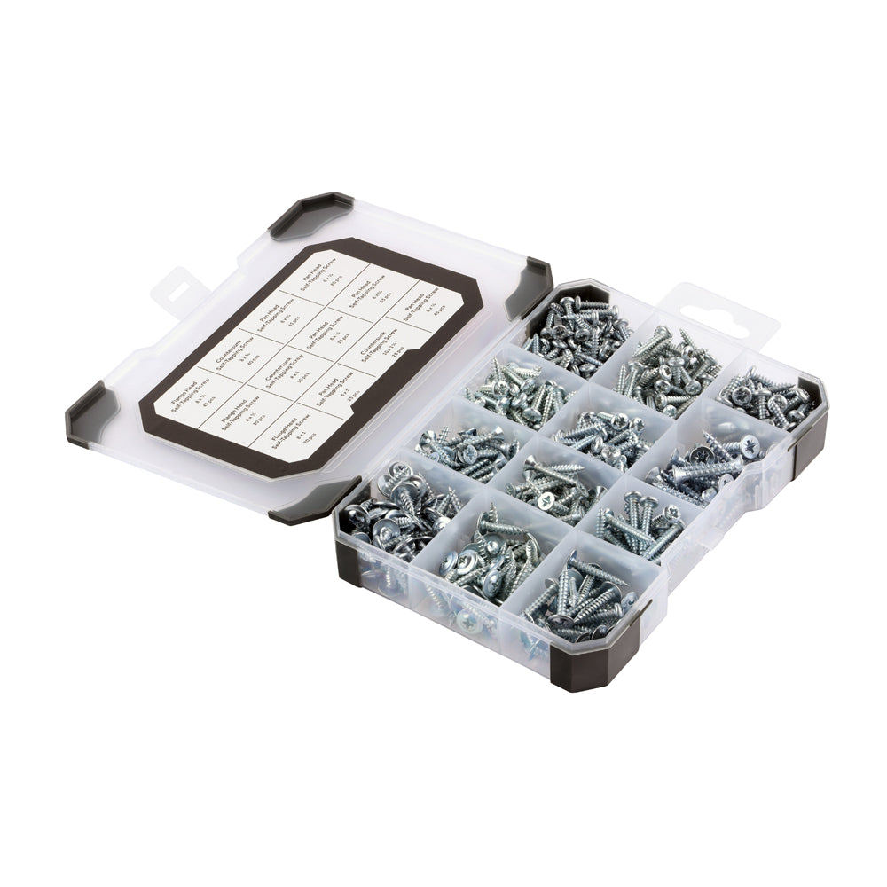 (475 pcs) 199 x 130 x 31mm Mixed Tray – Zinc Plated Self-Tapping Screws Assortment with Pan, Countersunk & Flange Heads