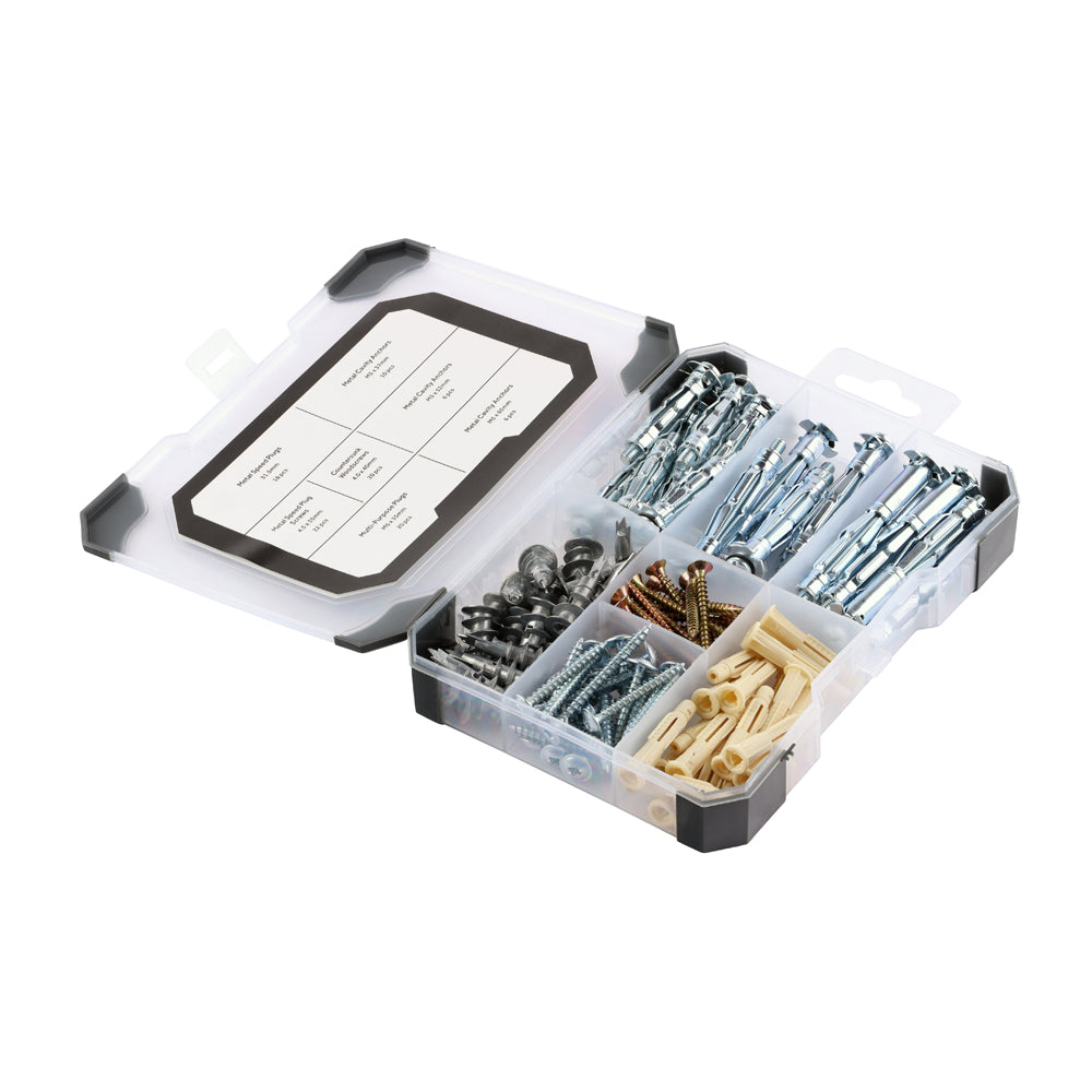 (102 pcs) 199 x 129 x 35mm Mixed Tray – Plasterboard Wall Fixings Assortment with Screws, Plugs & Anchors