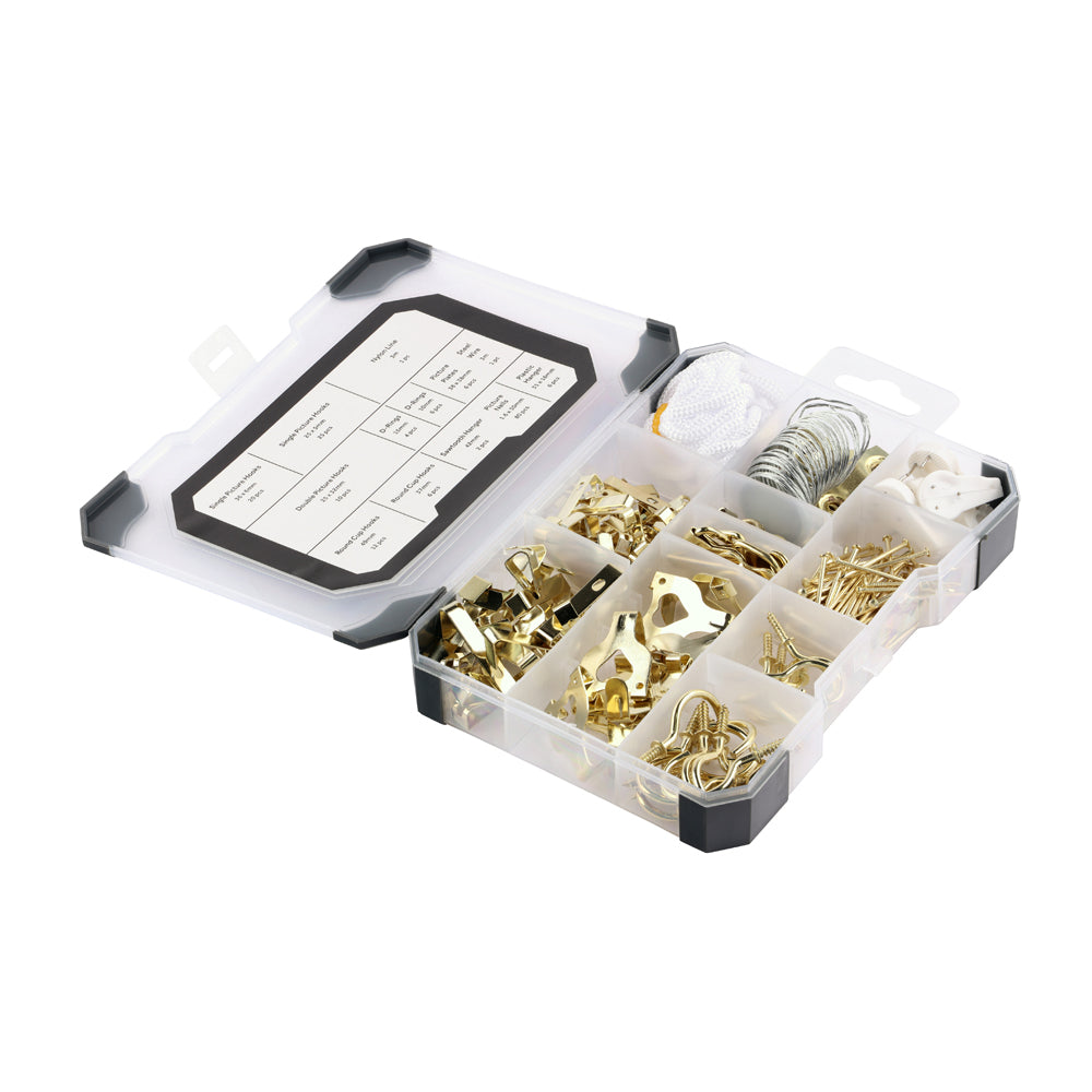 (CASE OF 179pcs) Mixed Tray Picture Hanging Kit – 179pcs Hooks, Nails & Accessories for Wall Display