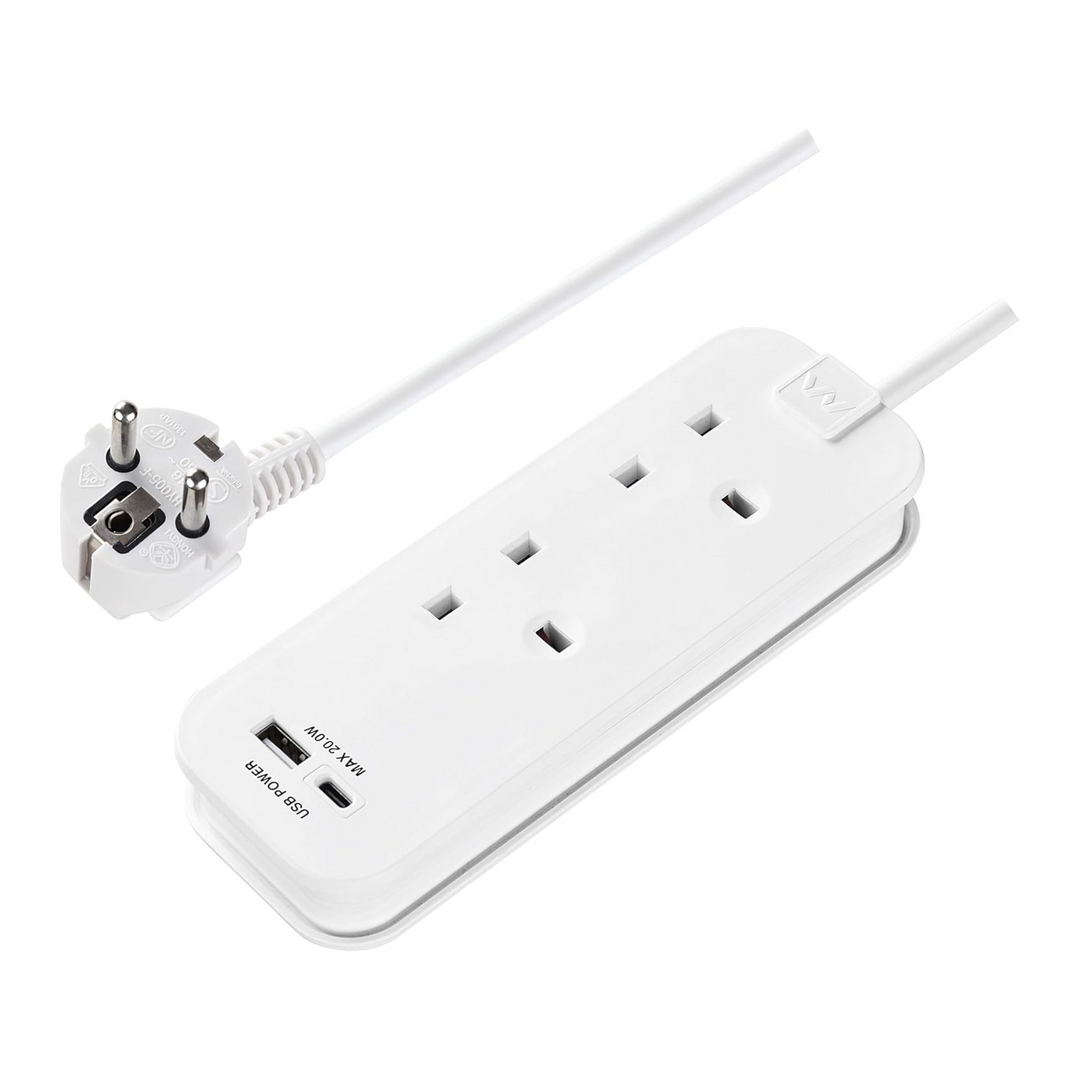 2 Socket EU Travel Extension Lead with 2 USB Ports (A+C) – Compact Power Adapter with 45cm Cable + Travel Case