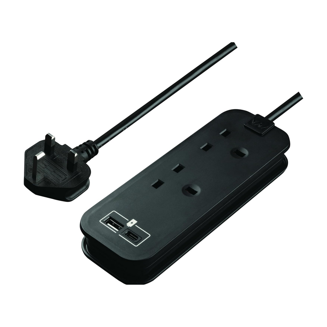 2 Socket EU Travel Extension Lead with 2 USB Ports (A+C) – Black Compact Power Adapter with 45cm Cable + Travel Case