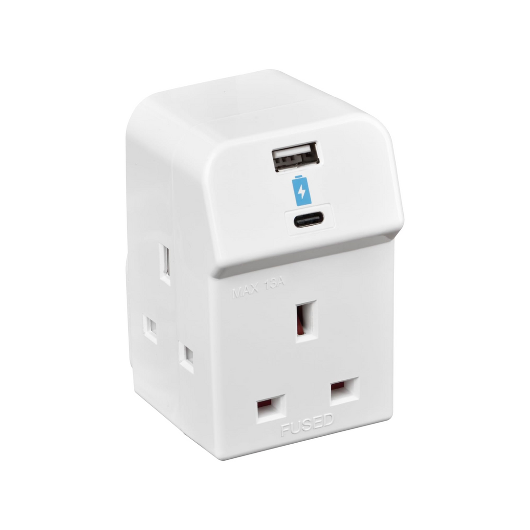 Masterplug 3-Socket Fused Wall Plug Adaptor + USB A & C Ports, White, 13A 10.5W ‒ A3UAC10