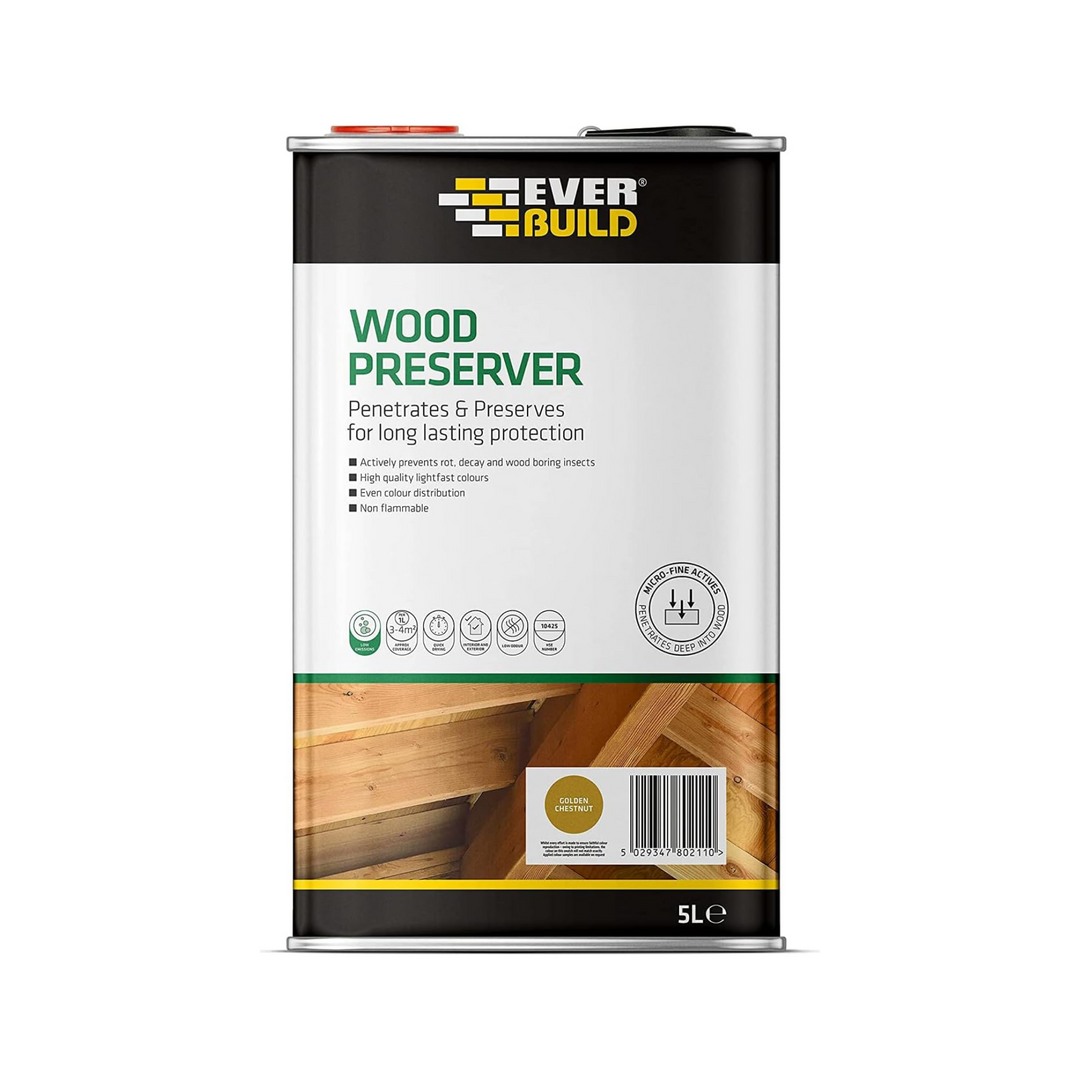 5 Litre Everbuild Wood Preserver Golden Chestnut – Interior & Exterior Use – Low Odour – Quick Drying – Fade-Resistant Timber Protection
