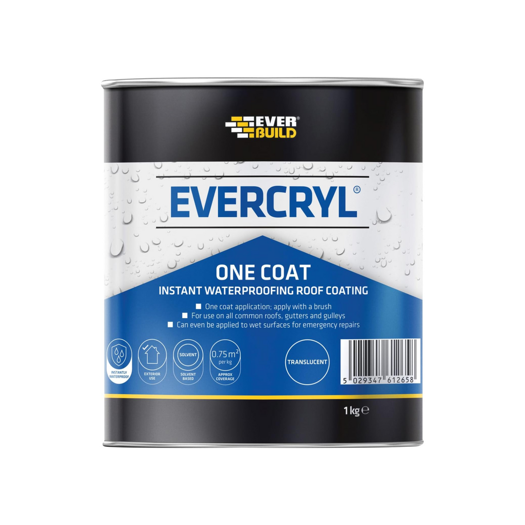 1kg Everbuild Evercryl One Coat Instant Waterproofing Compound β Roof, Gutter & Gulley Sealant β Translucent