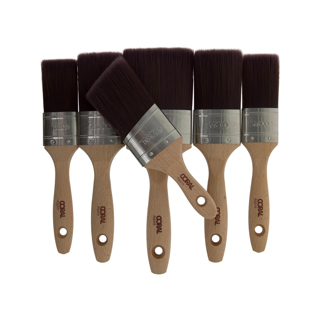(PACK OF 6) Coral Aspire 31749 Paint Brush Set  β 2x 1.5", 2x 2", 3", 2" | Professional Firm Straight Cut Oval Profile for Ultra-Smooth Finish β FSC Wood Handles β Angled Stubby