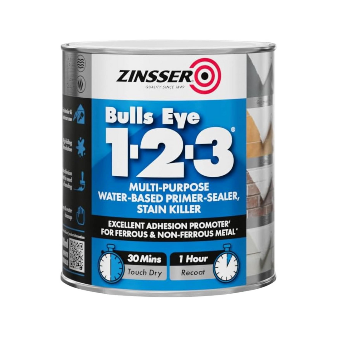 Zinsser Bulls Eye 1-2-3 Water-Based Primer Sealer 500ml – Multi-Purpose Primer for All Surfaces (White)