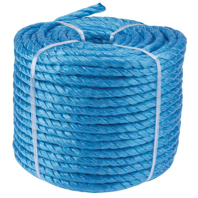 Draper 50m x 10mm weather-resistant monofilament polypropylene rope coil.