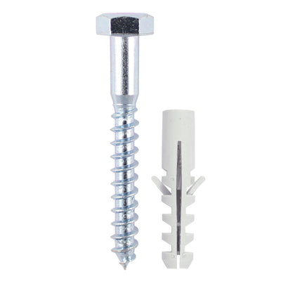 Coach Screw & Nylon Plugs – Zinc Plated – Masonry Fixing Kit for Brick, Block & Concrete