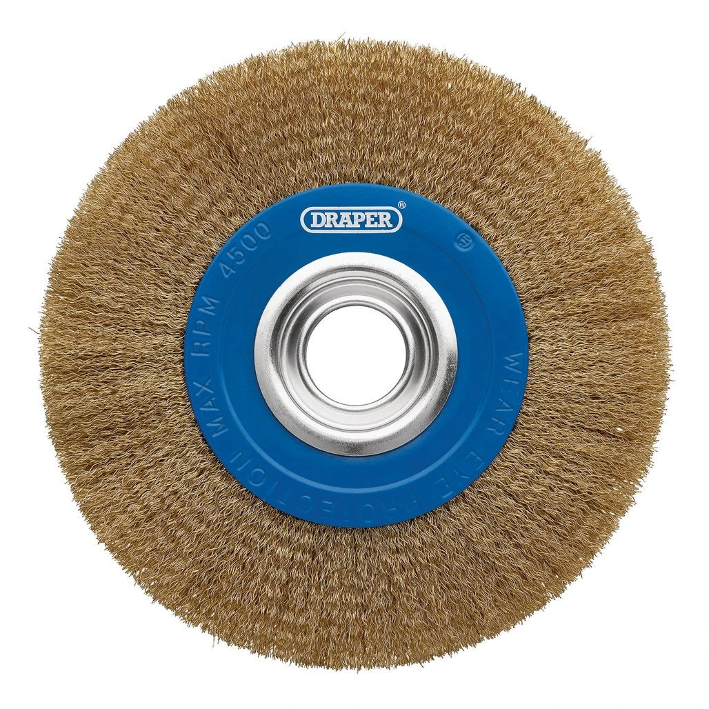 Draper 200 x 31.75mm brassed steel bench grinder wire wheel brush with reducing rings.