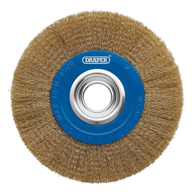 Draper 200 x 31.75mm brassed steel bench grinder wire wheel brush with reducing rings.