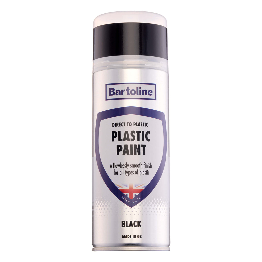 400ml Bartoline DT Plastic Paint Gloss Black aerosol spray can for durable plastic coating.