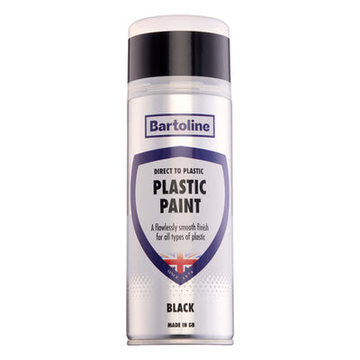 400ml Bartoline DT Plastic Paint Gloss Black aerosol spray can for durable plastic coating.