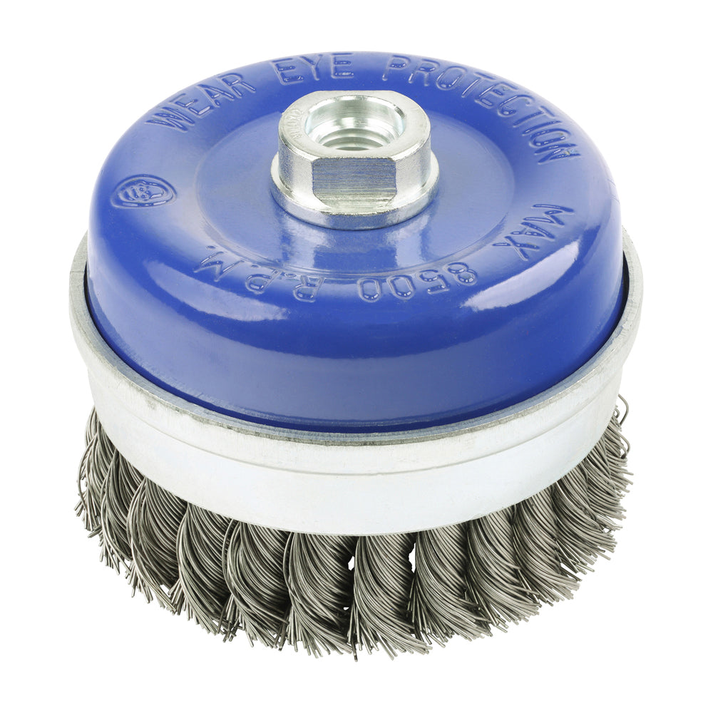 100mm Angle Grinder Cup Brush – Twisted Knot Stainless Steel, Heavy Duty Wire Brush for Rust & Weld Cleaning - Pack of 1 -Blue (100TCTSS)