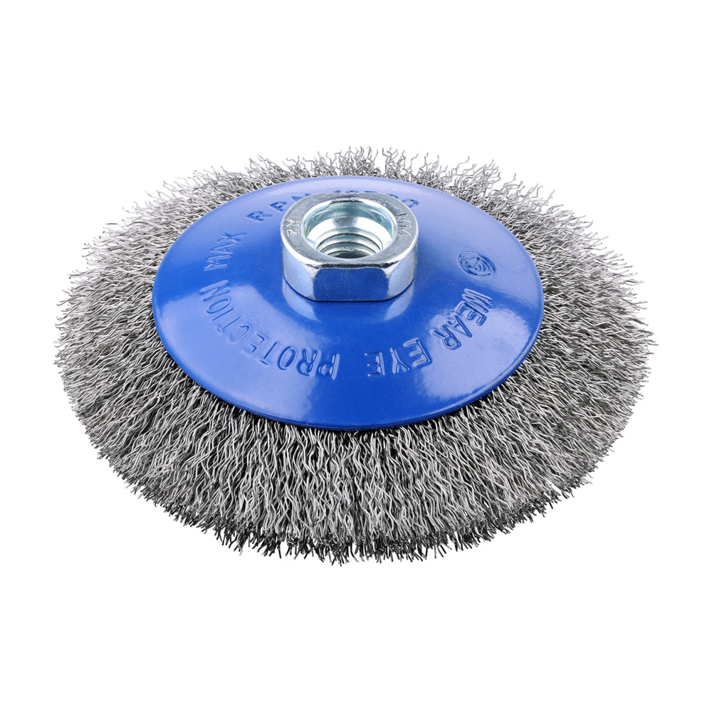 115mm Angle Grinder Bevel Brush – Crimped Stainless Steel, Wire Brush for Rust, Paint & Weld Cleaning - Pack of 1 - Blue (115TBCSS)