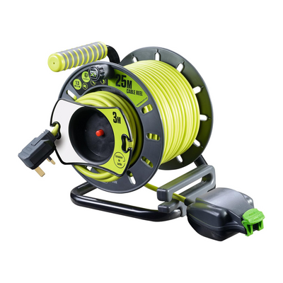 A Masterplug open weatherproof cable reel with a yellow cable, black and gray reel, and green accents, featuring a single in-line weatherproof socket.