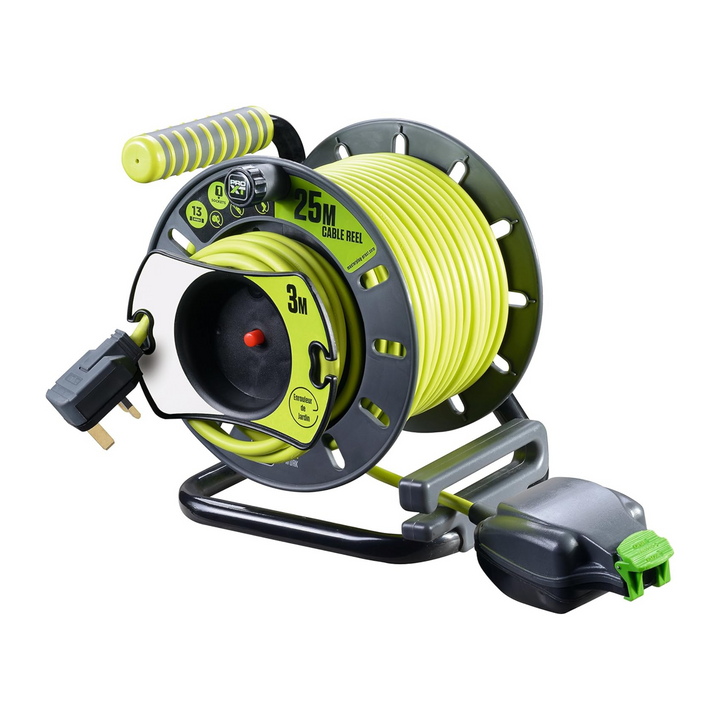 25m + 3m Masterplug OMU2513FL3IP-PX Pro-XT Open Weatherproof Cable Reel