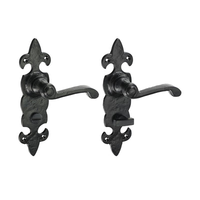 195x55mm Antique Black Fleur De Lys Ornate Bathroom Handles | Lever on Backplate Lock Set