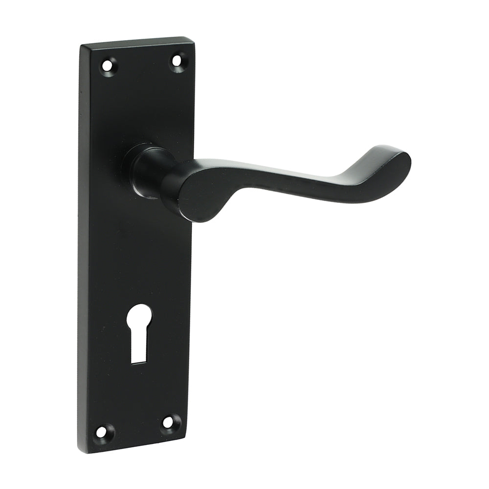 Victorian Scroll Matt Black Door Handle | Traditional Lever Lock Set | Internal & External Timber Doors
