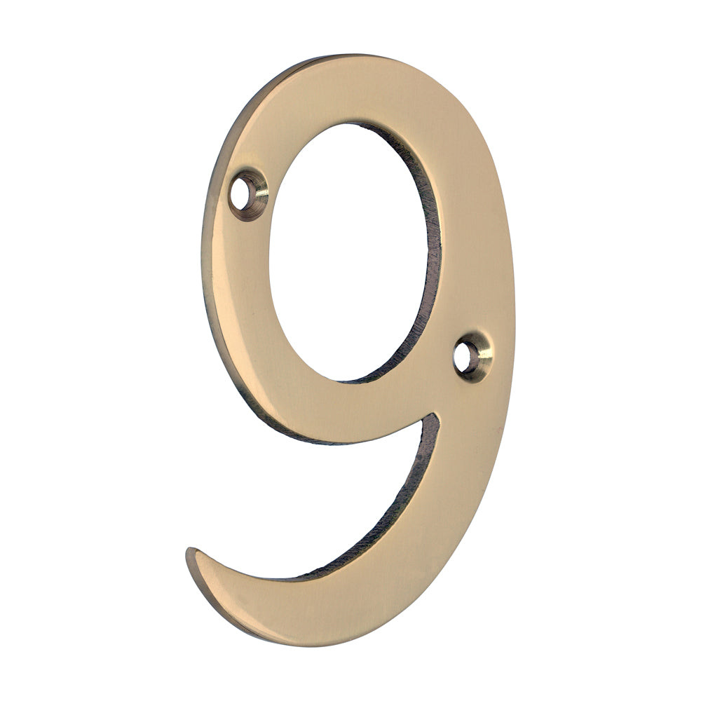 75mm Door Numeral 9 | Polished Brass House Number Brass Letterbox Number Screws Incl.