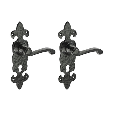 195x55mm Antique Black Fleur De Lys Ornate Lever Lock Handles | Keyhole Backplate Door Set