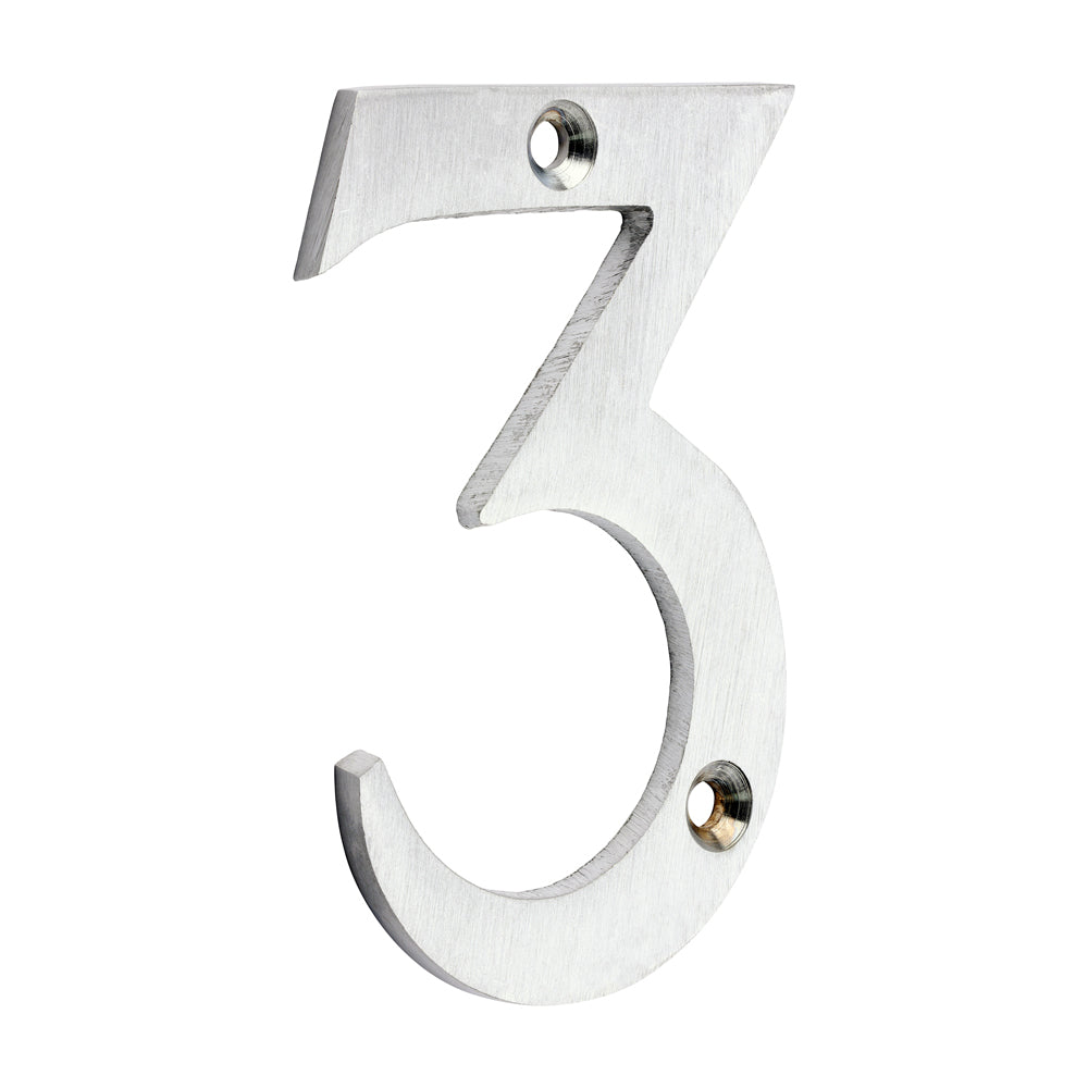 75mm Door Numeral 3 | Satin Chrome House Number Modern Brass 3 Inch