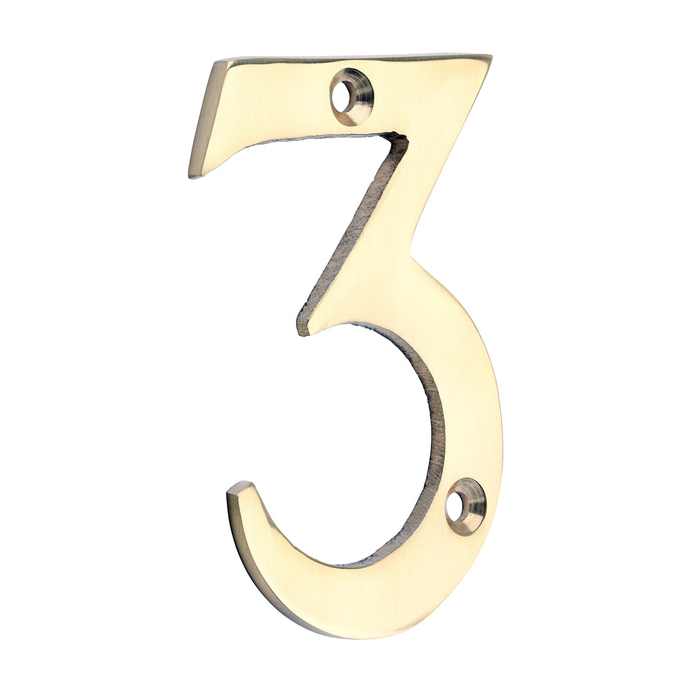 75mm Door Numeral 3 | Polished Brass House Number Solid Brass 3 Inch