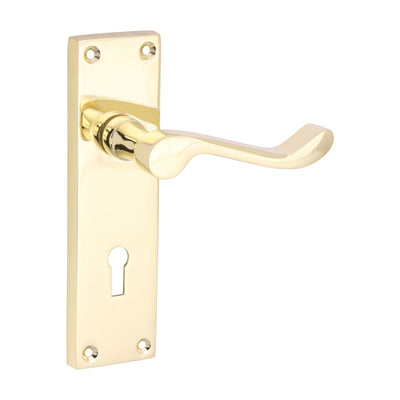 152 x 42mm Victorian Scroll Lock Door Handles | Polished Brass Traditional Lever Handle Pairs