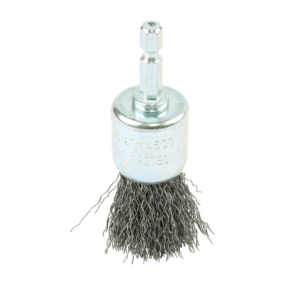 25mm Drill End Brush – Crimped Steel Wire, Carbon Steel, ¼″ Shank