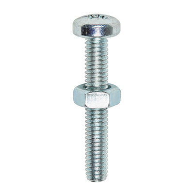 M5 Machine Screws with Hex Nuts – PZ Pan Head – Zinc Plated Carbon Steel – Metric Thread