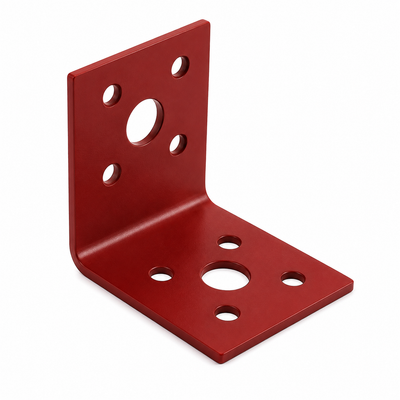 Red metal corner bracket with multiple holes on a white background