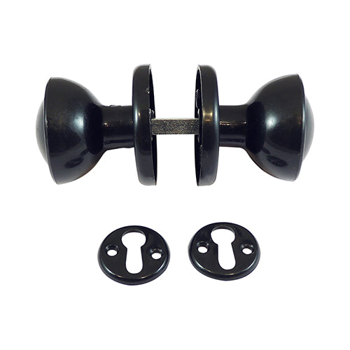 (1 PAIR) 50mm Plastic Rim / Mortice Knob Set - Black | Shed & Gate Door Knob Pair with Escutcheon Plates & Fixings