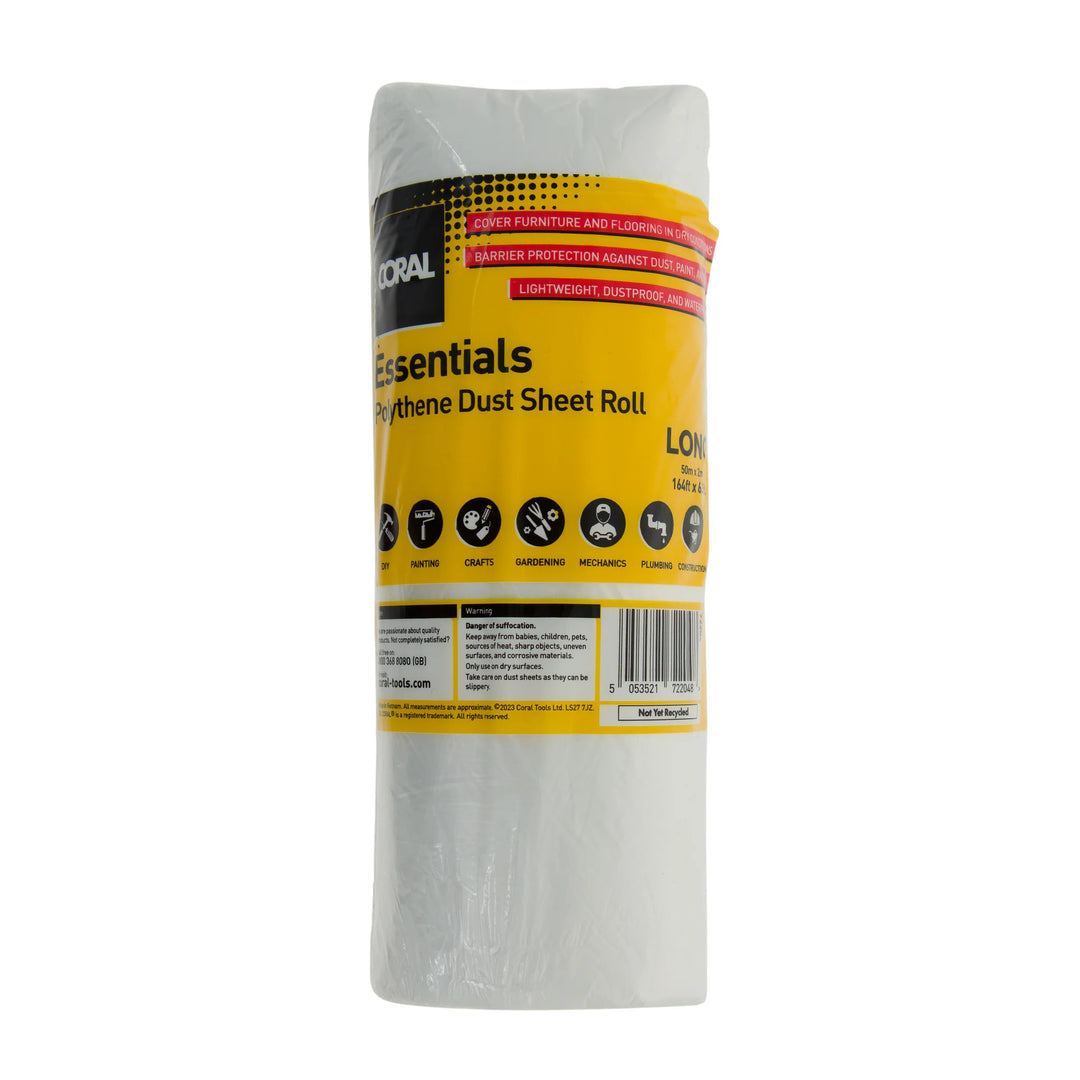 Coral Essentials 50m x 2m polythene dust sheet roll for furniture and floor protection.