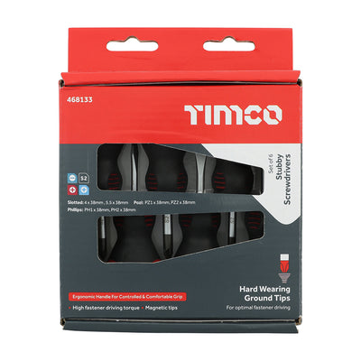 6pc Stubby Screwdriver Set – Short Shaft Magnetic Drivers with Soft-Grip Handles for Tight Spaces – S2 Hardened Steel (BOX OF 6)
